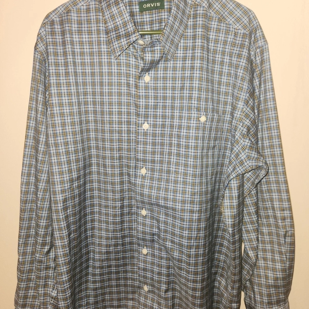 Orvis Men's Gray and Blue Checkered Shirt